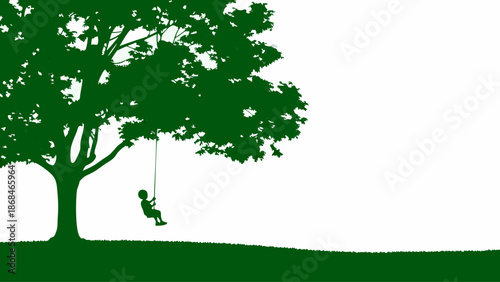 Child swinging happily on tree branch in green silhouette