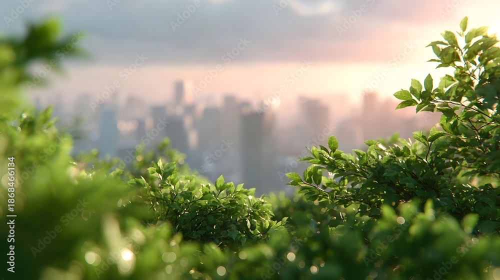 Fototapeta premium A serene vista through lush out of focus green foliage reveals a hazy urban skyline bathed in the soft warm light of dawn or dusk contrasting nature and city