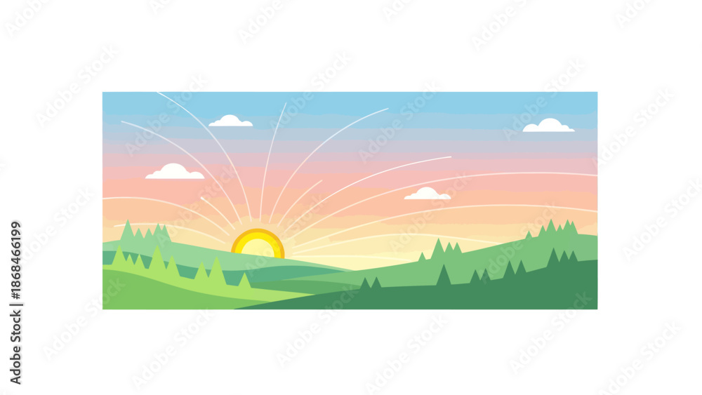 Obraz premium Sunrise over rolling green hills with vibrant colorful sky