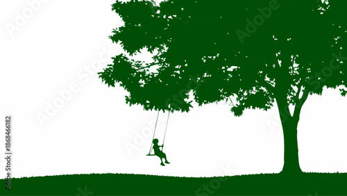 Child playing on swing under a large tree in green silhouette