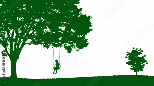 Serene silhouette of a child on a swing under a tree