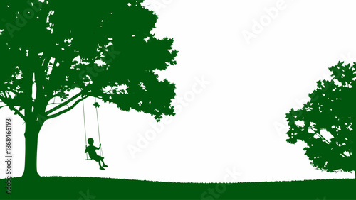 Child playing on swing under tree in green silhouette landscape