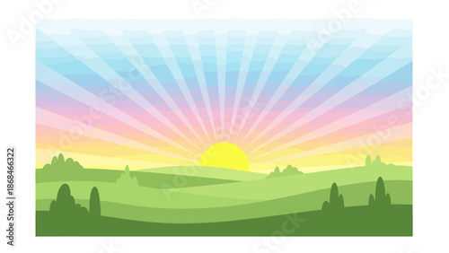 Vibrant sunrise over rolling green hills with colorful sky