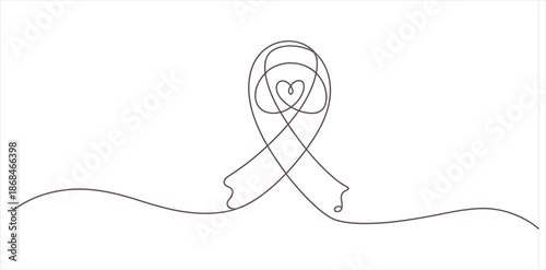 Continuous line art drawing of an awareness ribbon with a heart inside symbolizing love and support Vector, illustration