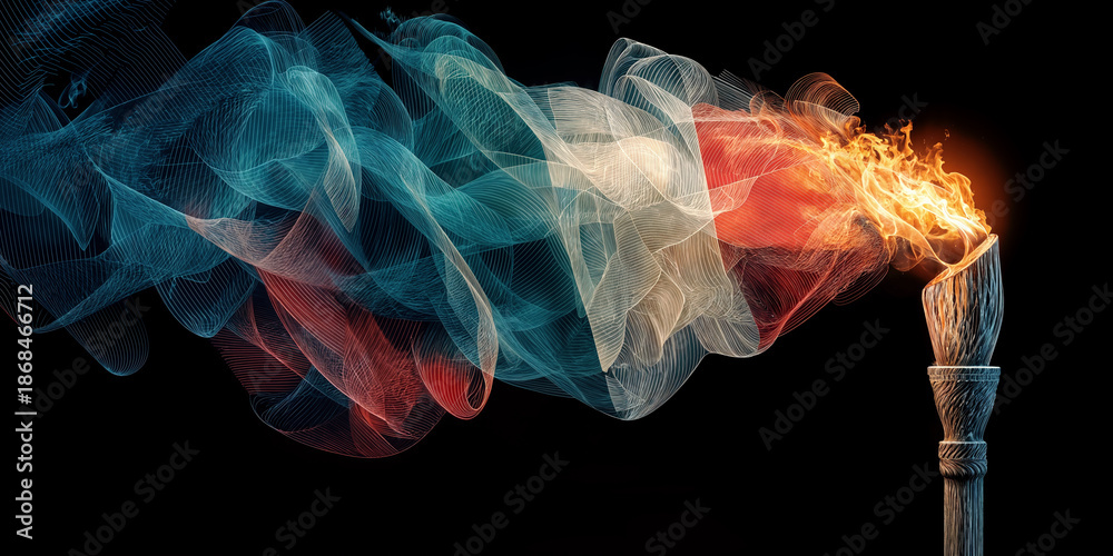 Fototapeta premium Olympic torch burning with flame and flowing Italian flag colors abstract smoke effect symbolizing 2026 Milano Cortina Winter sports competition celebration concept