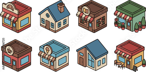 Set of isometric vector shop and house buildings. Cute 3D small business store icons including cafe, bakery, and bookstore.