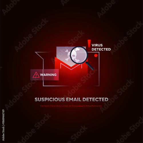Phishing alert notification with email icon and skull symbol on dark futuristic background. Cyber security concept for unverified sender, mail fraud, and digital data protection awareness. email sign