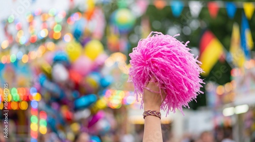 Hand Holding Pink Pom Pom Against Colorful Background at a Vibrant Outdoor Festival