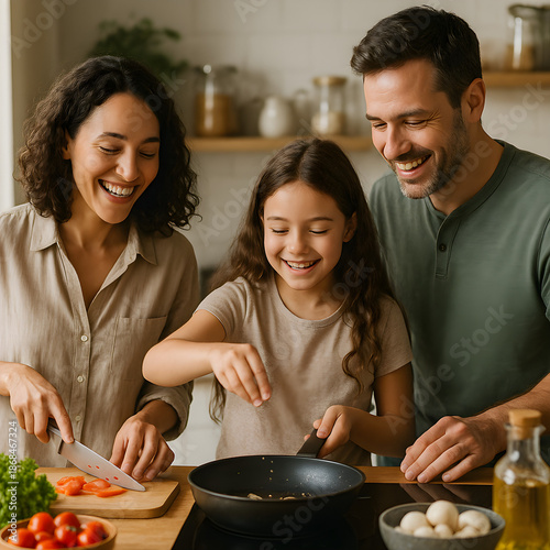 Happy family cooking together in kitchen