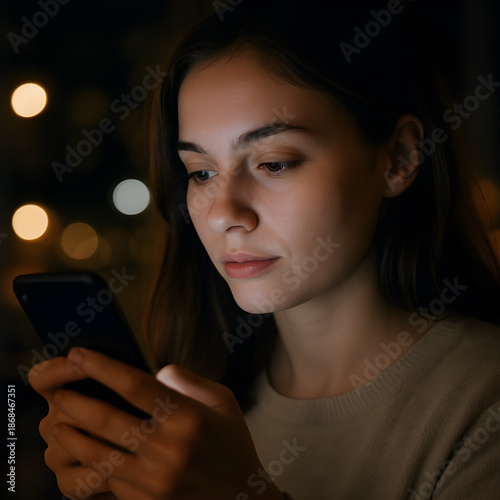 Young woman using smartphone at night with blurred city lights in background