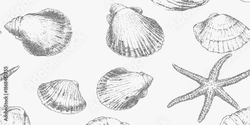 Background with shells and starfish scattered on textured surface, dusty grain, stipple shading and aged vintage tone with halftone imperfections.