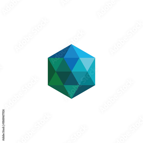 Vibrant blue and green geometric polyhedron with intricate triangular facets, an abstract symbol of structural harmony and digital innovation in modern design