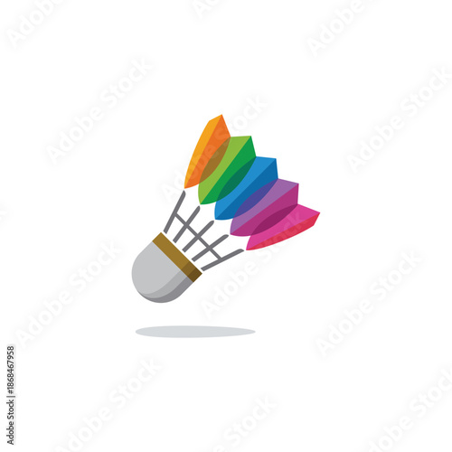 Vibrant rainbow colored badminton shuttlecock vector illustration, depicting a dynamic and playful sports equipment design with multi-colored feathers for athleticism and recreation