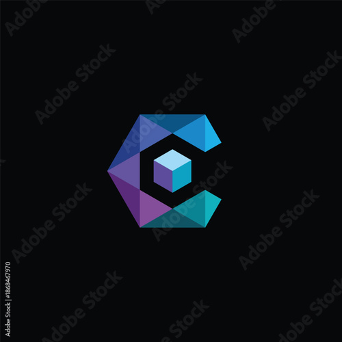 Modern geometric letter C icon featuring an intricate polygon structure and a core cube, suggesting a strong and futuristic digital presence for businesses and technology concepts