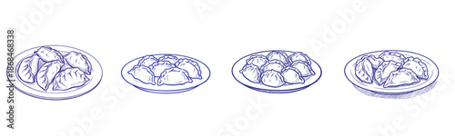Set of Plates of varenyky dumplings in hand-drawn style on white background  