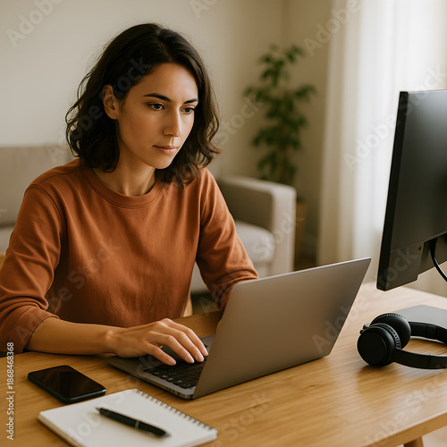 Young woman working on laptop at home office desk