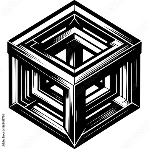 Geometric Maze: A captivating graphic of a cube maze in monochromatic tones, presenting a puzzle of architectural complexity and intriguing visual appeal.