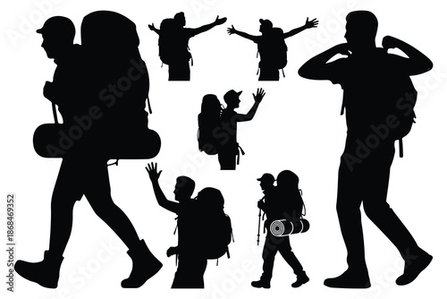 Silhouettes of Hikers with Backpacks in Various Poses