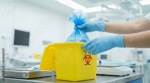 Clinical risk management showing secure disposal of medical waste inside hospital operating room for safety