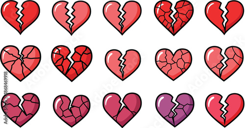 Broken Heart Icon Vector Set Colorful Cracked and Shattered Heart Symbols Representing Sadness, Heartbreak, Love Lost, and Emotional Pain for Valentine’s Day and Relationship Designs