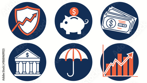 Financial Savings Icon Set Minimalist Black and White Financial Icon Set Featuring Piggy Bank, Money Bag, Cash Stacks, and Growth Graph