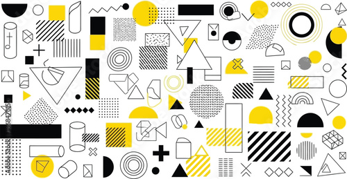 Geometric shapes and symbols in black, yellow, and white colors