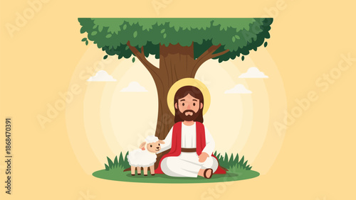 Cartoon illustration of a man sitting under a tree with a lamb