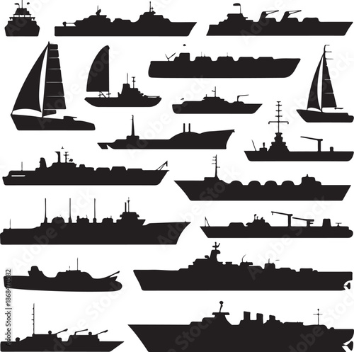 collection of various naval ship silhouettes on white background