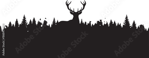 Majestic Deer Stag Silhouette with Forest Landscape on White Background.