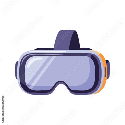 Flat illustration of purple and orange virtual reality goggles on a white background with a modern tech feel.