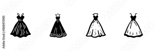 Elegant Evening Dresses In Hand Drawn Style Set. Fashionable Gown Collection For Formal Events And Celebrations. Stylish Apparel Design Doodle Sketch. Isolated Vector Illustration