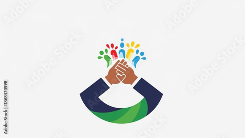 Diverse hands clasped together with colorful people rising up in unity and cooperation with diversity and teamwork and partnership and community