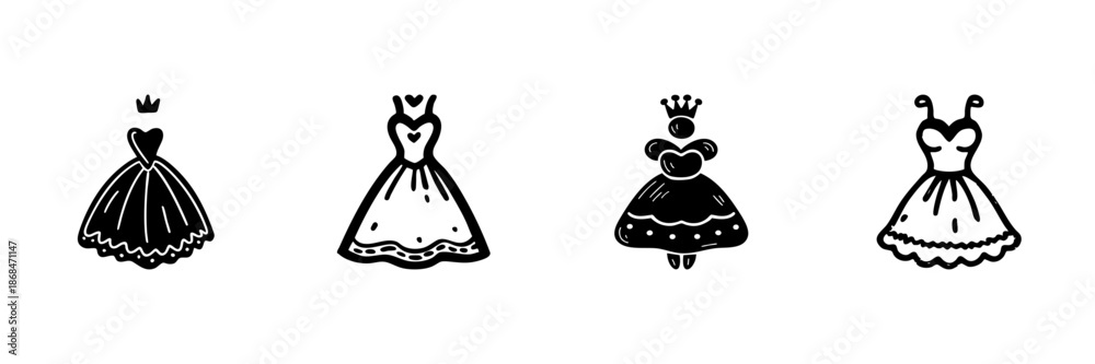 Fototapeta premium Princess Dresses And Crowns In Hand Drawn Style Set. Fairytale Fashion, Royalty, And Costume Design Doodle Sketch Collection. Elegant And Whimsical. Isolated Vector Illustration