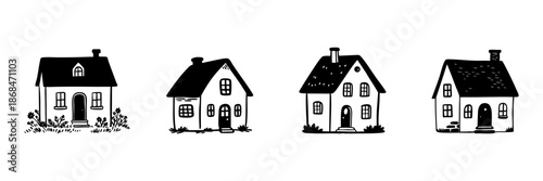 Charming Cottage Houses In Hand Drawn Style Set. Rustic Architecture, Cozy Home Design Doodle Sketch Collection. Vintage Aesthetic, Countryside Living. Isolated Vector Illustration