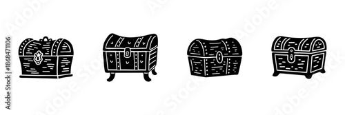 Treasure Chest Icons In Hand Drawn Style Set. Vintage Storage, Wealth, And Adventure Doodle Sketch Collection. Pirate Treasure Concept. Isolated Vector Illustration