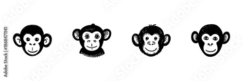 Monkey Faces In Hand Drawn Style Set. Playful Expressions, Cartoon Animal Characters Doodle Sketch Collection. Fun And Whimsical Design. Isolated Vector Illustration