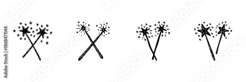 Magic Wands With Stars In Hand Drawn Style Set. Enchantment, Fantasy, Wizardry Doodle Sketch Collection. Magical Elements And Sparkles. Isolated Vector Illustration