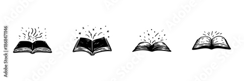 Open Books With Magical Elements In Hand Drawn Style Set. Imagination, Knowledge, And Creativity Doodle Sketch Collection. Literary Inspiration. Isolated Vector Illustration