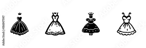 Princess Dresses And Crowns In Hand Drawn Style Set. Fairytale Fashion, Royalty, And Costume Design Doodle Sketch Collection. Elegant And Whimsical. Isolated Vector Illustration