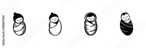 Swaddled Babies In Hand Drawn Style Set. Newborn Care, Infant Comfort, Parenting Doodle Sketch Collection. Baby Sleep And Swaddling Techniques. Isolated Vector Illustration
