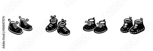 Baby Shoes Collection In Hand Drawn Style Set. Infant Footwear, Cute Baby Booties, Newborn Fashion Doodle Sketch Collection. Adorable Baby Accessories. Isolated Vector Illustration