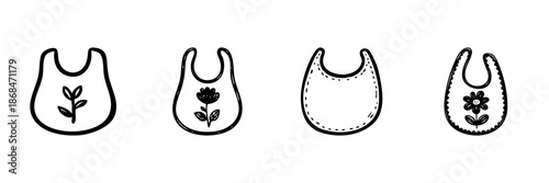 Baby Bibs With Floral Designs In Hand Drawn Style Set. Infant Feeding, Cute Accessories, And Baby Care Doodle Sketch Collection. Isolated Vector Illustration