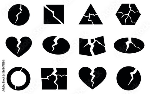 Silhouette cracked icon set featuring broken geometric and abstract shapes for themes of damage and fragility