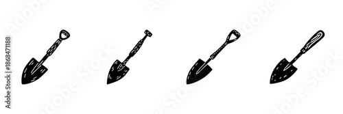 Shovel Icons In Hand Drawn Style Set. Gardening Tools, Landscaping, And Soil Digging Doodle Sketch Collection. Agricultural Equipment Illustration. Isolated Vector Illustration