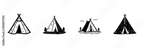 Teepee Tent Illustrations In Hand Drawn Style Set. Camping, Outdoor Adventure, Nature Exploration Doodle Sketch Collection. Rustic Wilderness Experience. Isolated Vector Illustration