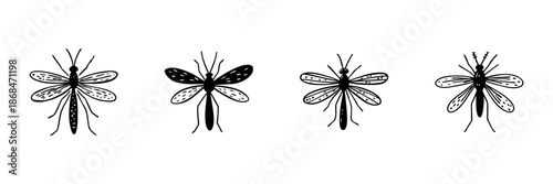 Insect Illustrations In Hand Drawn Style Set. Dragonfly And Mosquito Doodle Sketch Collection. Entomology And Nature Study. Isolated Vector Illustration