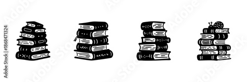 Stacked Books With Snail In Hand Drawn Style Set. Knowledge, Learning, Education, And Patience Doodle Sketch Collection. Literary Exploration. Isolated Vector Illustration