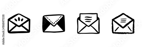 Envelope Icons In Hand Drawn Style Set. Communication, Mailing, Message Delivery Doodle Sketch Collection. Postal Service, Email Symbol. Isolated Vector Illustration