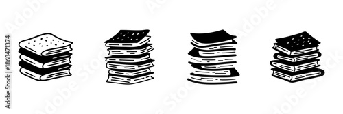 Stacked Books In Hand Drawn Style Set. Education, Knowledge, Literature, And Learning Doodle Sketch Collection. Academic Resources Illustration. Isolated Vector Illustration