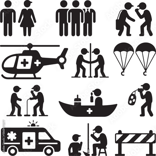 black and white icons of people and rescue vehicles  various emergency services